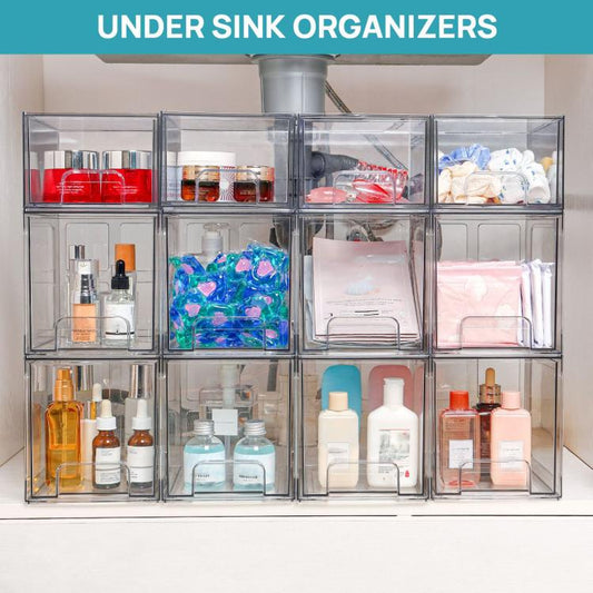 Tall Openwork Desktop Storage Box Drawer-Style Stackable Transparent Plastic Cosmetic Organizer, Single, 4pcs