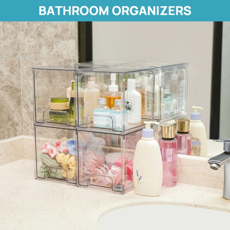 Tall Openwork Desktop Storage Box Drawer-Style Stackable Transparent Plastic Cosmetic Organizer, Single, 4pcs