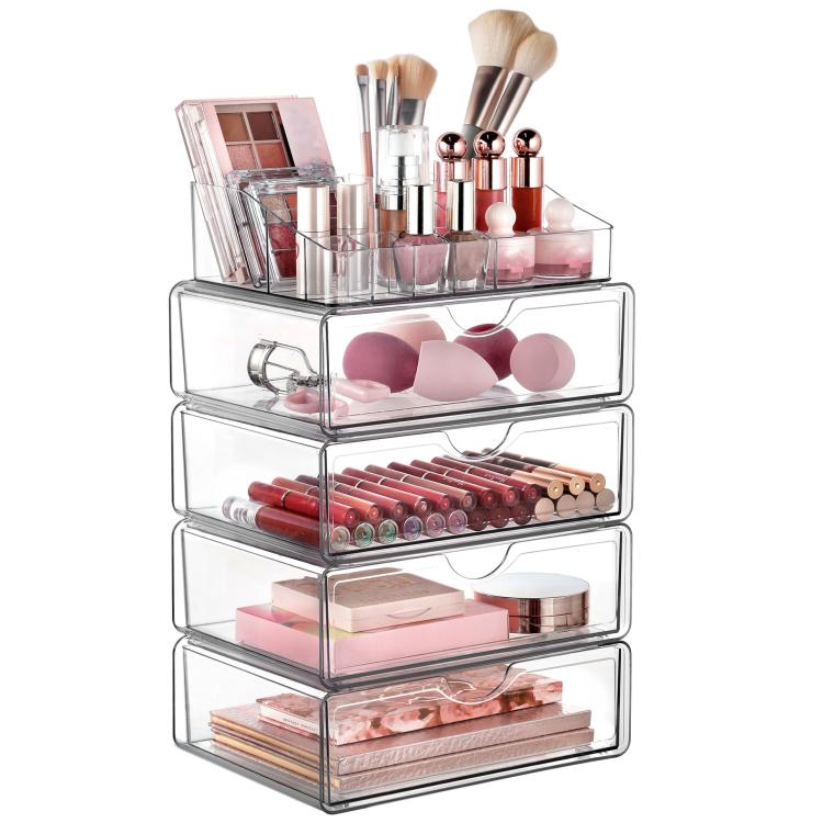 Cosmetic Transparent Desktop Storage Box, 2 Single-drawer+Makeup Rack, 4 Single-drawer+Makeup Rack, 2 Single-drawer+2 Double-drawer+Makeup Rack