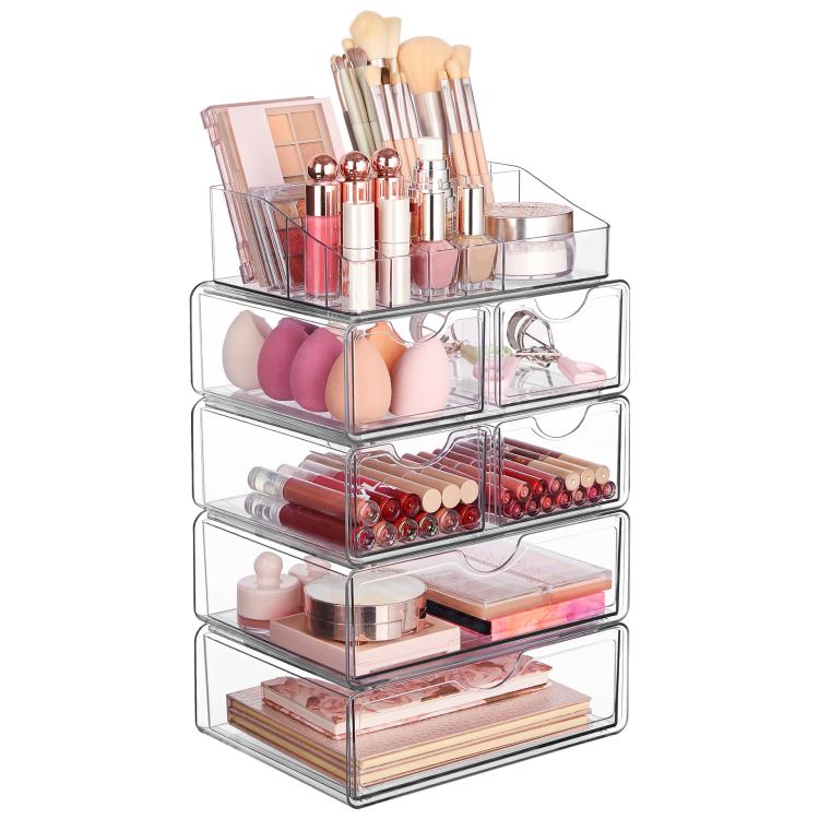 Cosmetic Transparent Desktop Storage Box, 2 Single-drawer+Makeup Rack, 4 Single-drawer+Makeup Rack, 2 Single-drawer+2 Double-drawer+Makeup Rack