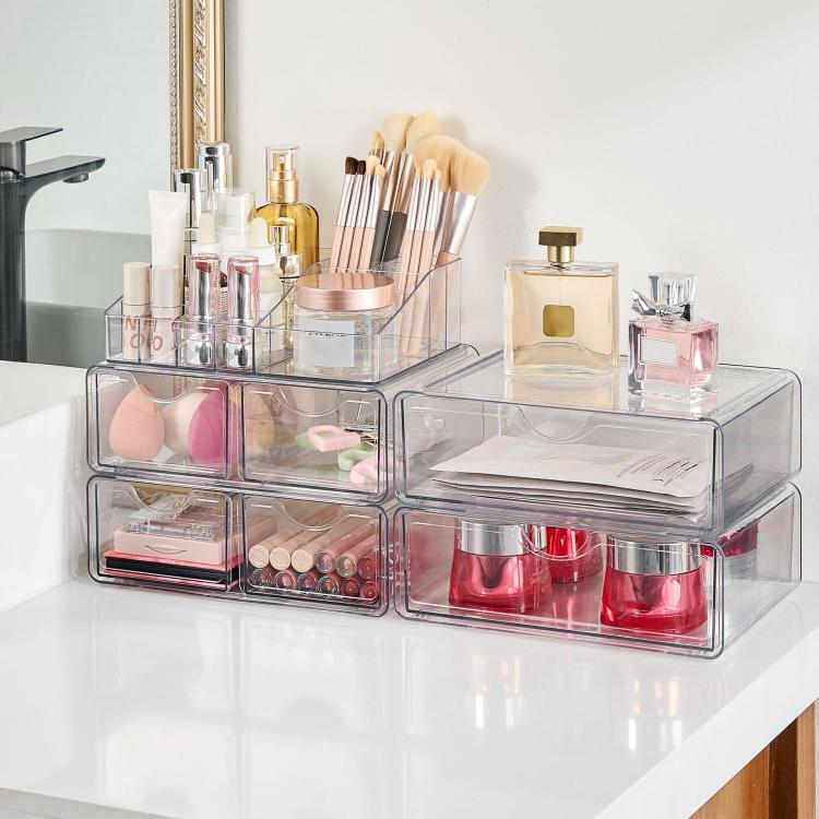 Cosmetic Transparent Desktop Storage Box, 2 Single-drawer+Makeup Rack, 4 Single-drawer+Makeup Rack, 2 Single-drawer+2 Double-drawer+Makeup Rack