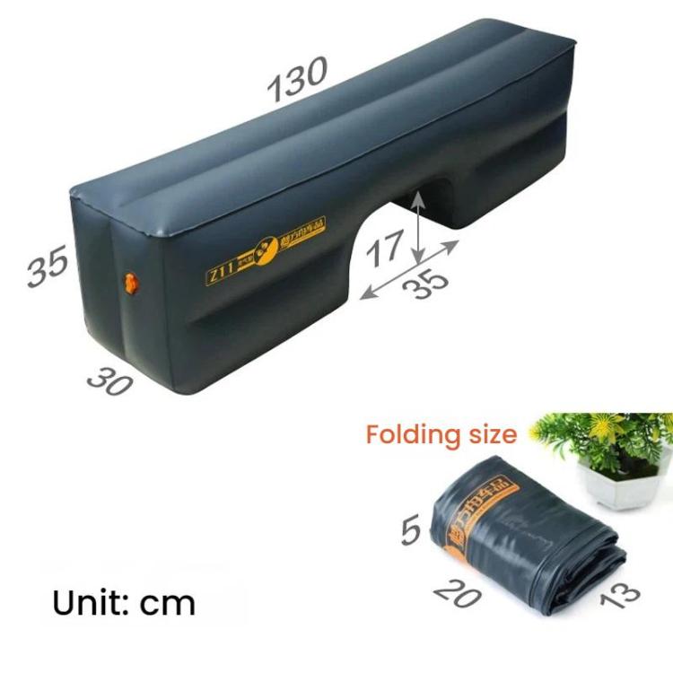Inflatable rear seat gap filler air mat with size measurements, dark blue cushion