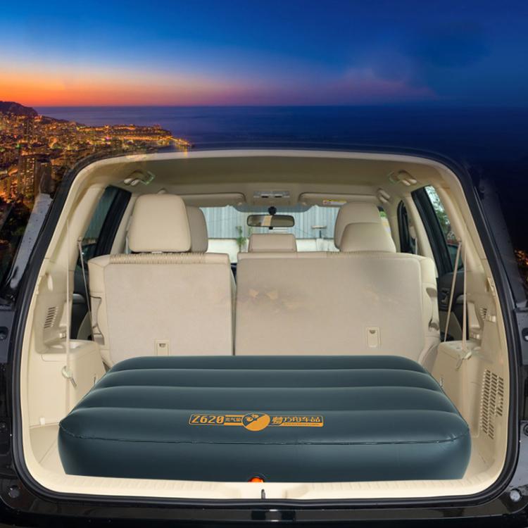 Inflatable trunk booster bed in car cargo area, dark blue with Z620 label.