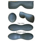 Car rear seat gap filler air cushion, blue-gray inflatable U-shape shown from multiple views