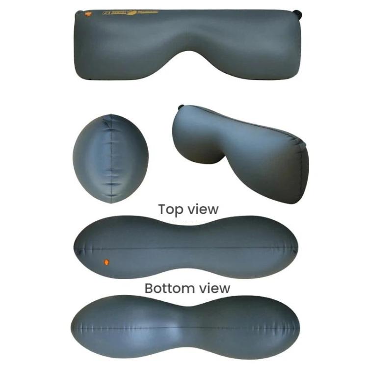 Car rear seat gap filler air cushion, blue-gray inflatable U-shape shown from multiple views