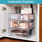 Clear PET undersink organizer with stacked pull-out bins for household items