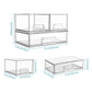Stackable transparent cosmetic storage set with three sizes of open-top compartments shown with dimensions