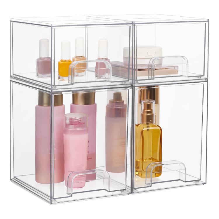 Transparent stackable cosmetic organizer with multiple open bins for bottles, jars, and makeup tools