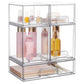 Transparent stackable makeup organizer with open-front compartments and clear handle pulls