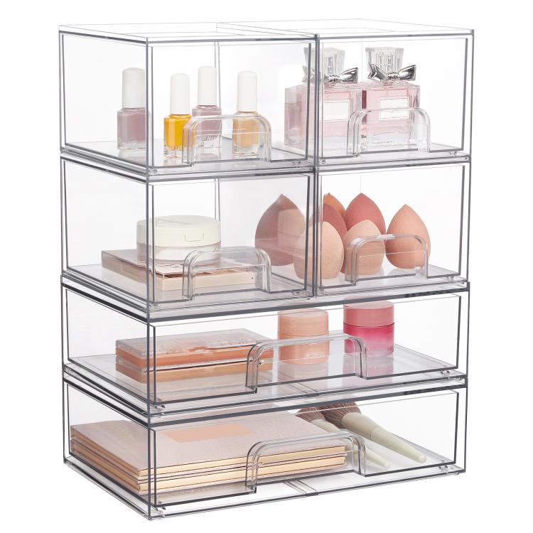 Transparent stackable cosmetic storage unit with open bins for lip products and skincare containers