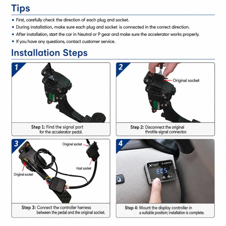 Instruction diagram with electronic throttle controller connected to vehicle and display shown