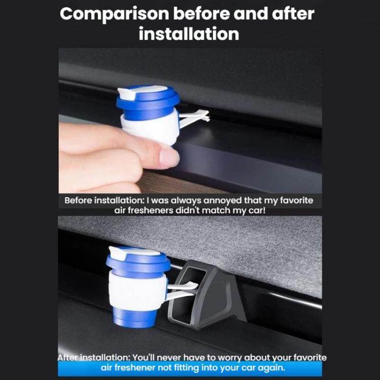 Car air vent clip mount bracket with blue-and-white aromatherapy bottle installed