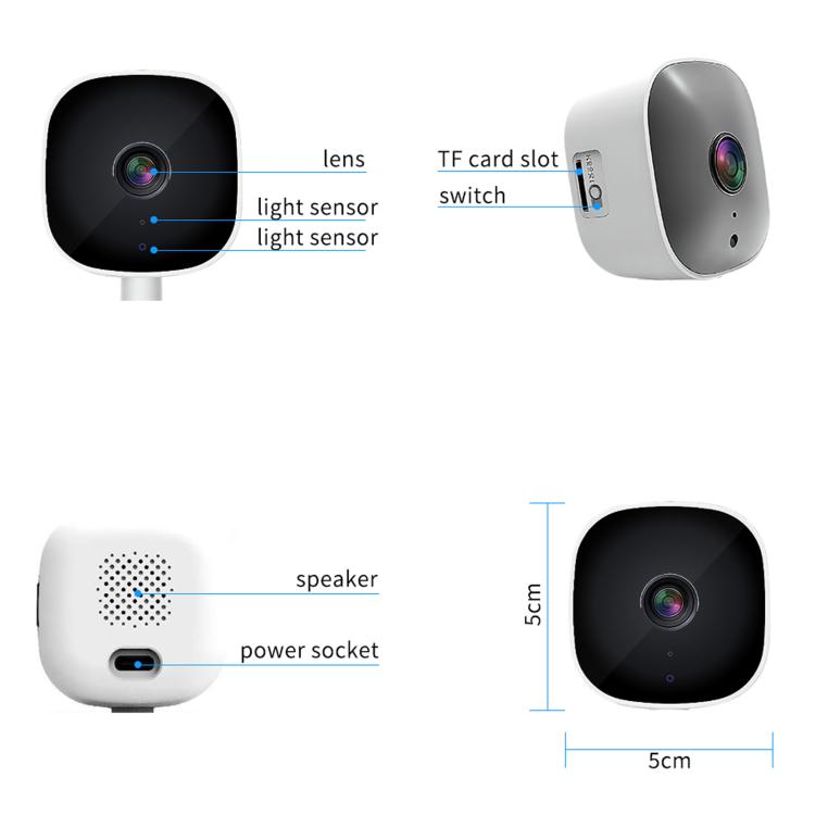 Night vision home surveillance HD camera K14 with lens, TF card slot, speaker, and power port