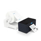 Black 4-inch thermal label printer with paper stand, angled view with label coming out