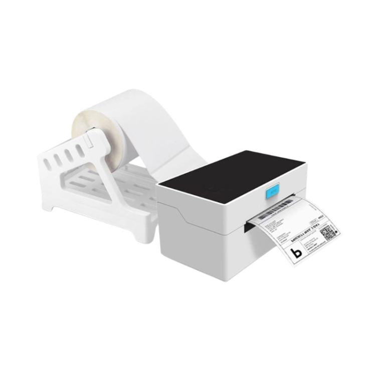 White 4-inch thermal label printer with paper stand, side view and label
