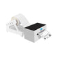 White 4-inch thermal label printer with paper stand, close angled view and label