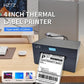 Black 4-inch thermal label printer with paper stand and USPS Priority Mail label