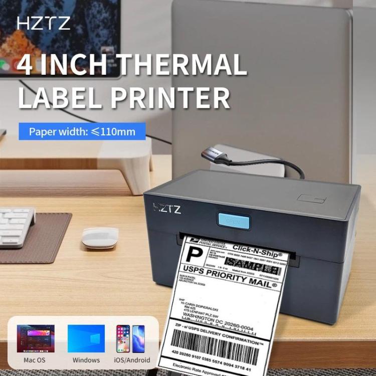 Black 4-inch thermal label printer with paper stand and USPS Priority Mail label