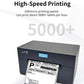 Black 4-inch thermal label printer with paper stand, front view with LCD display