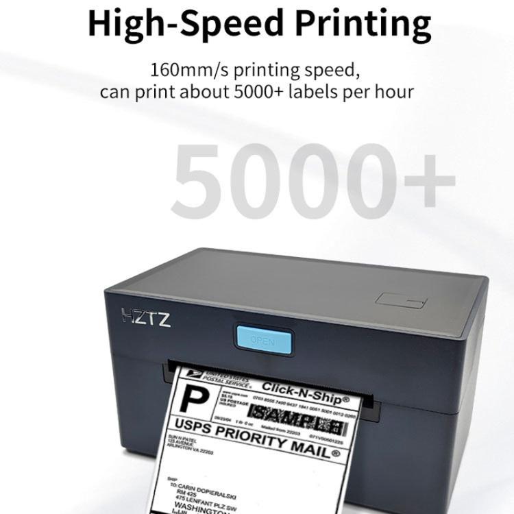 Black 4-inch thermal label printer with paper stand, front view with LCD display