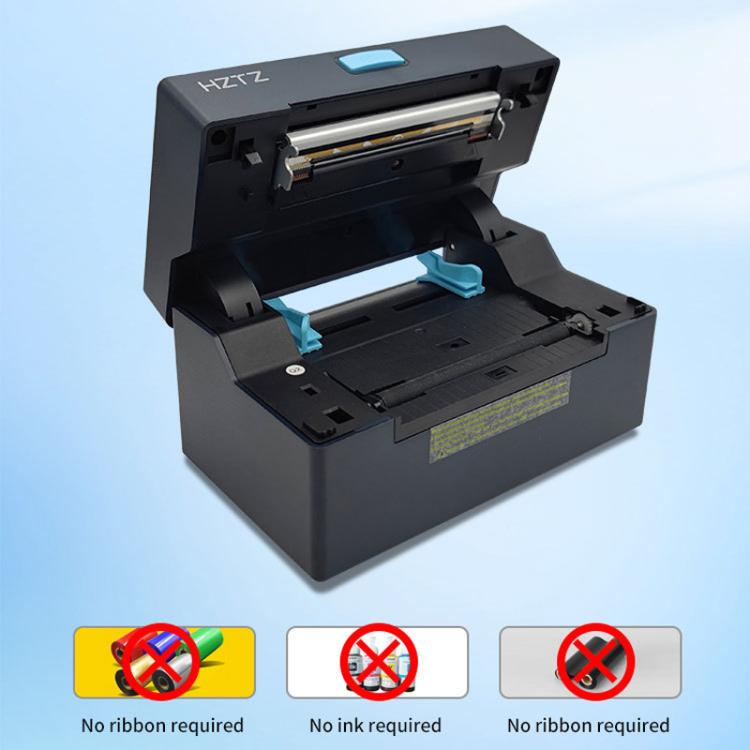 Black thermal label printer with open print head and paper path
