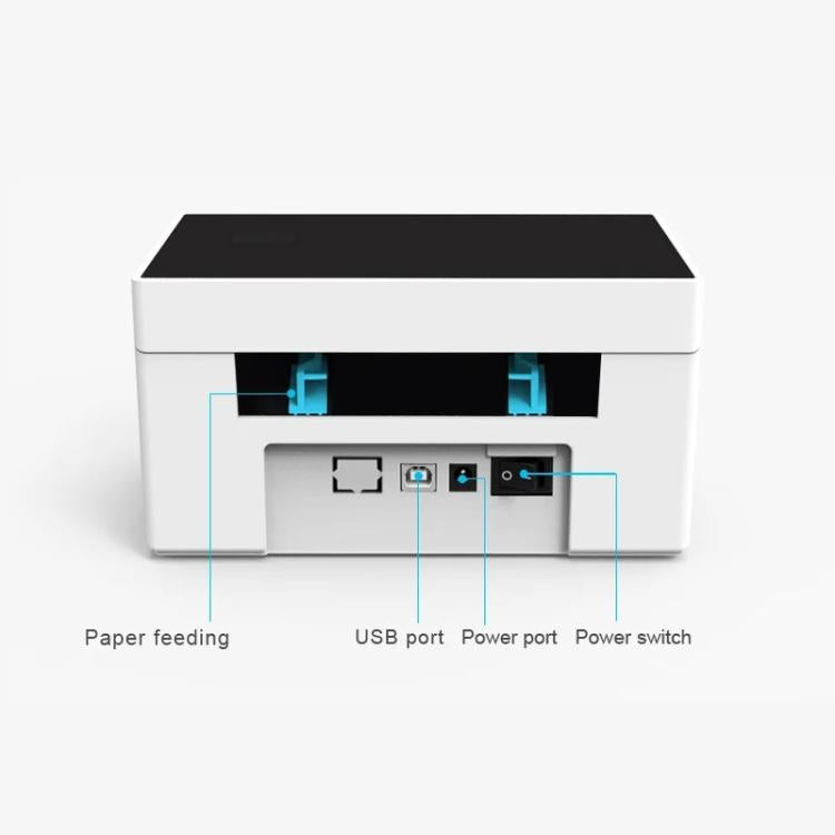 White thermal label printer showing paper feeding and connection ports
