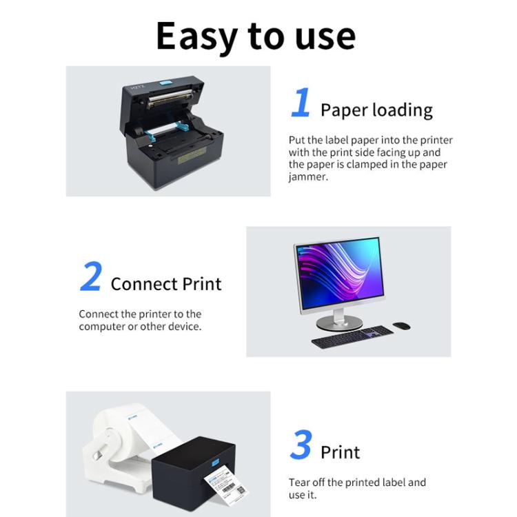 Black thermal label printer steps for paper loading, connecting, and printing