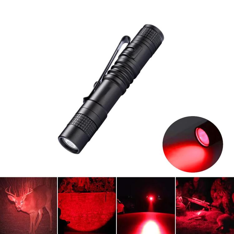 Black mini handheld flashlight emitting red LED light, small rugged grip