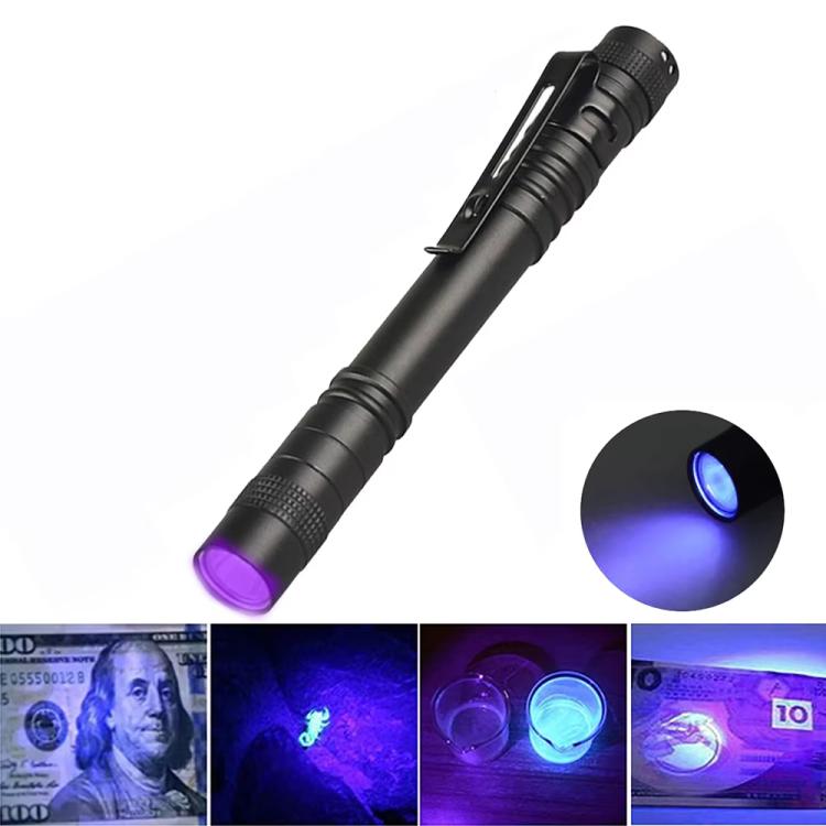 Black mini flashlight with purple LED glow, compact waterproof aluminum body