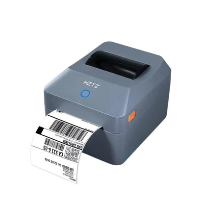 Gray thermal label printer with label feed slot and printed shipping label