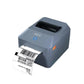 Gray thermal label printer with a barcode label exiting the front
