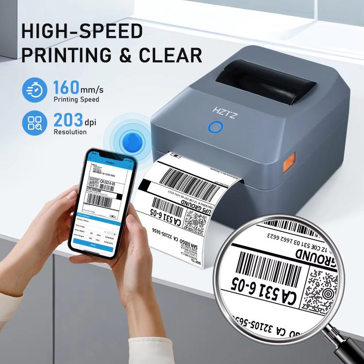 Gray thermal label printer with label output and smartphone connection