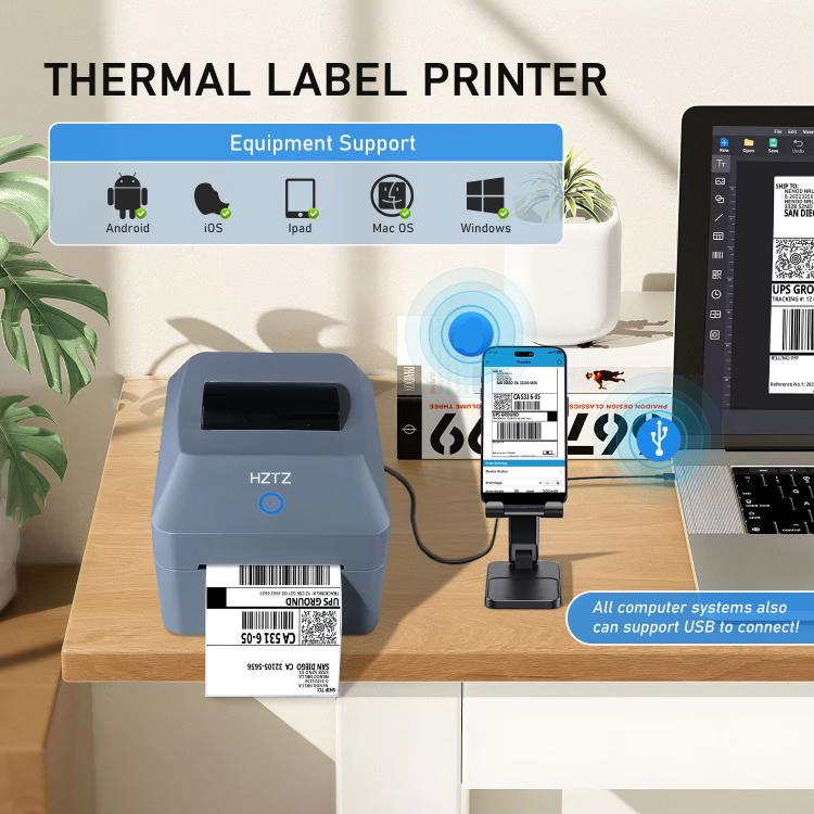Gray thermal label printer on desk with connected label coming out
