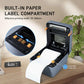 Gray thermal label printer with open paper label compartment and guide roll