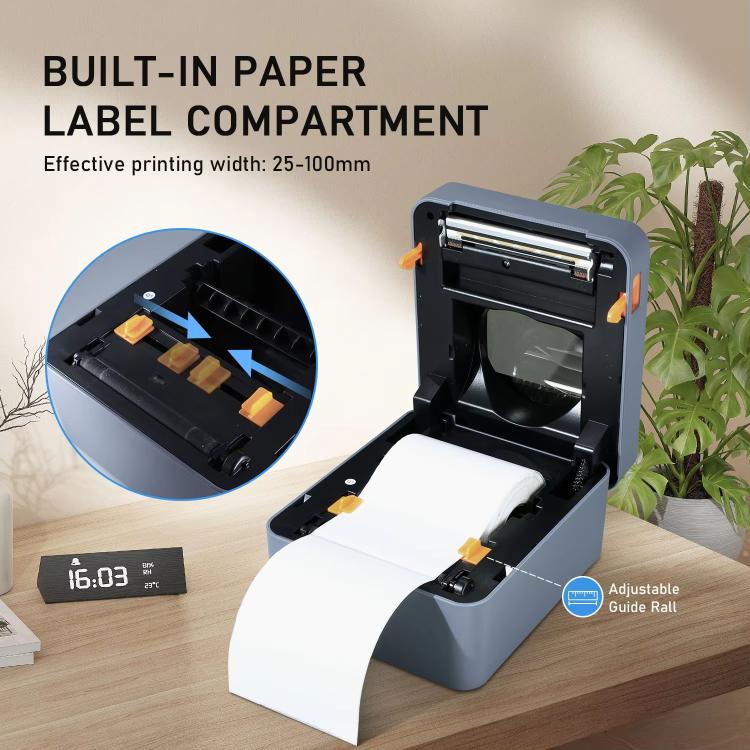 Gray thermal label printer with open paper label compartment and guide roll