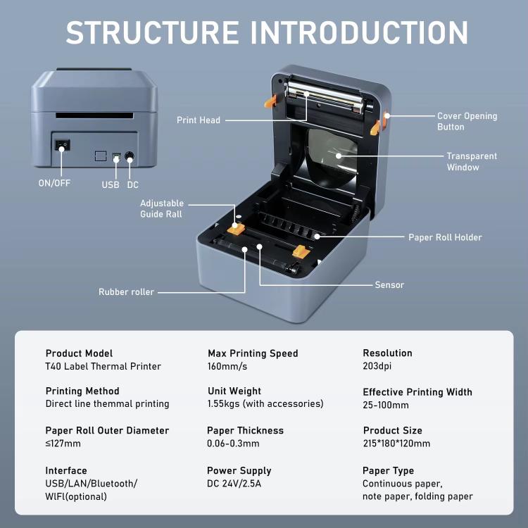 Thermal label printer open view showing print head, sensor, rollers, and cover window