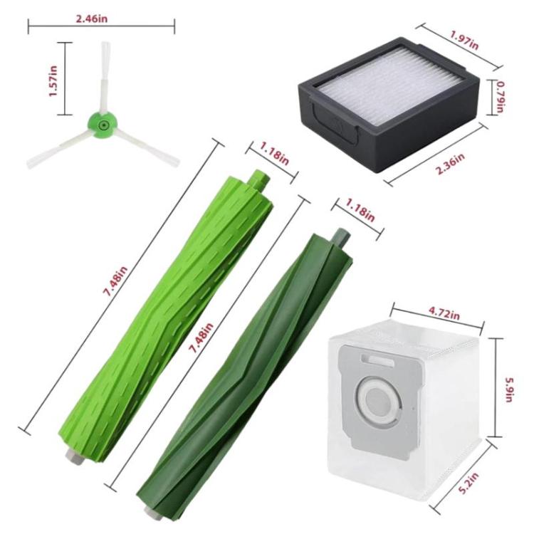 Replacement accessory set diagram with dimensions for rollers, brush and filter