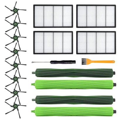 Robot vacuum accessory set: filters, tool, and green roller brushes with end caps