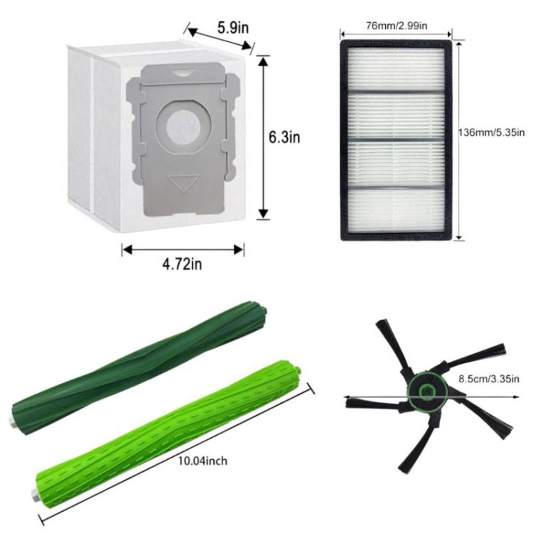 Robot vacuum accessory set showing side brush, roller brushes, and filter dimensions