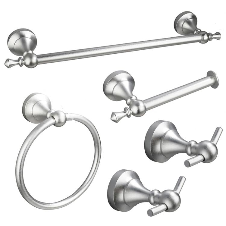 Silver wall-mounted bathroom hardware set: towel bar, towel ring, robe hooks, paper holder