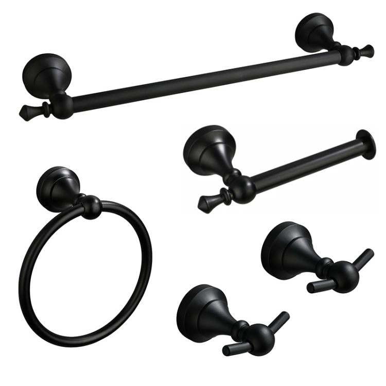 Black wall-mounted bathroom hardware set with towel bar, towel ring, robe hooks, toilet paper holder