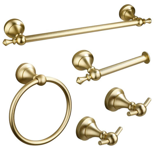 Gold wall-mounted bathroom hardware set with towel bar, towel ring, robe hooks, toilet paper holder