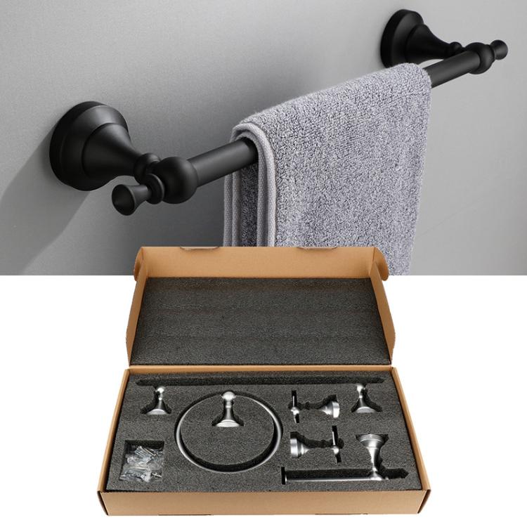 Black wall-mounted towel bar and robe hook set, with hardware parts in open box