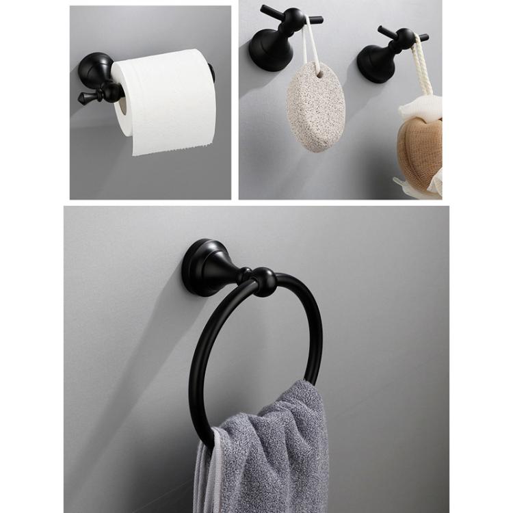 Black wall-mounted towel bar with towel ring and toilet paper holder, robe hook included