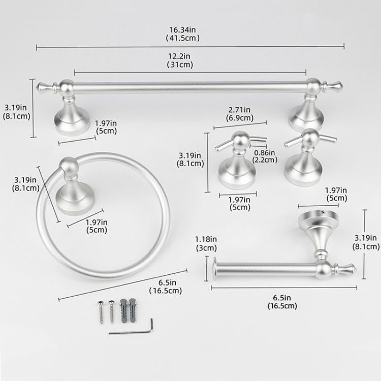 Bathroom hardware set size chart for towel bar, towel ring, robe hook and toilet paper holder