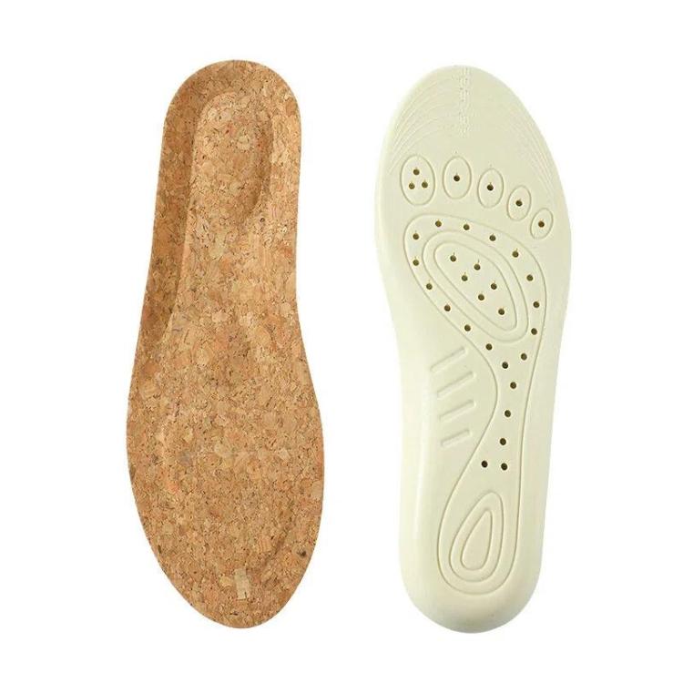 Brown cork arch support insole pair with off-white underside and raised contour lines