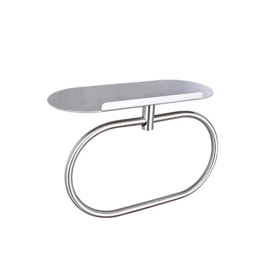 Silver stainless steel towel ring with oval top shelf, wall-mounted.