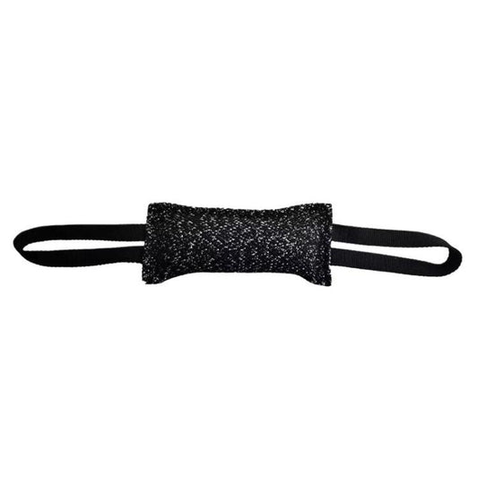 Black fabric dog chew toy stick with loop handles