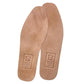 Tan cowhide leather insoles with rectangular printed size patch, pair