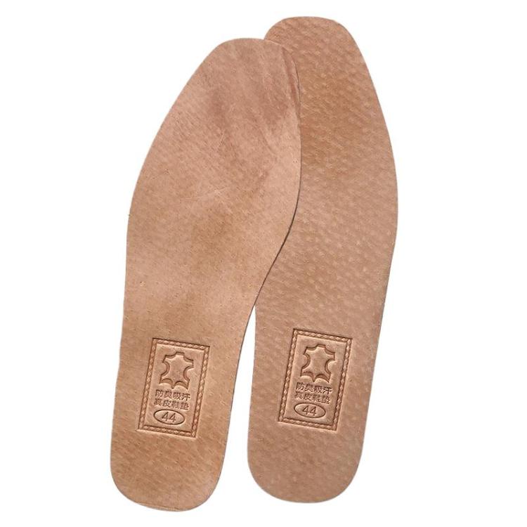Tan cowhide leather insoles with rectangular printed size patch, pair